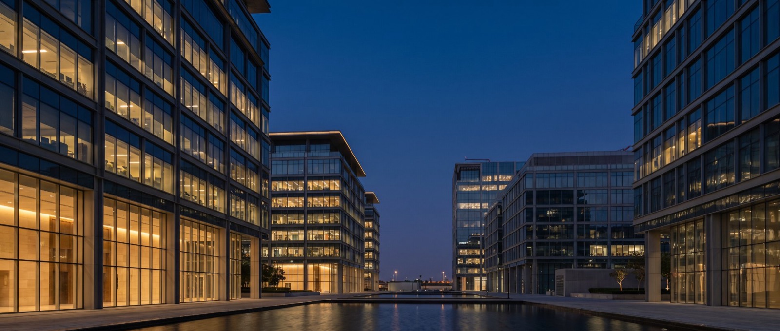 The Hexamed offices photographed at blue hour