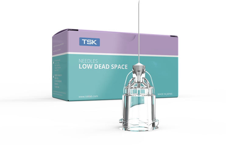 TSK Laboratory Low Dead Space needle beside its retail box