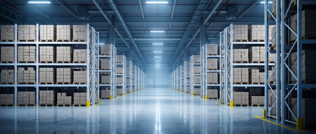 An aisle of racking in a Hexamed distribution warehouse