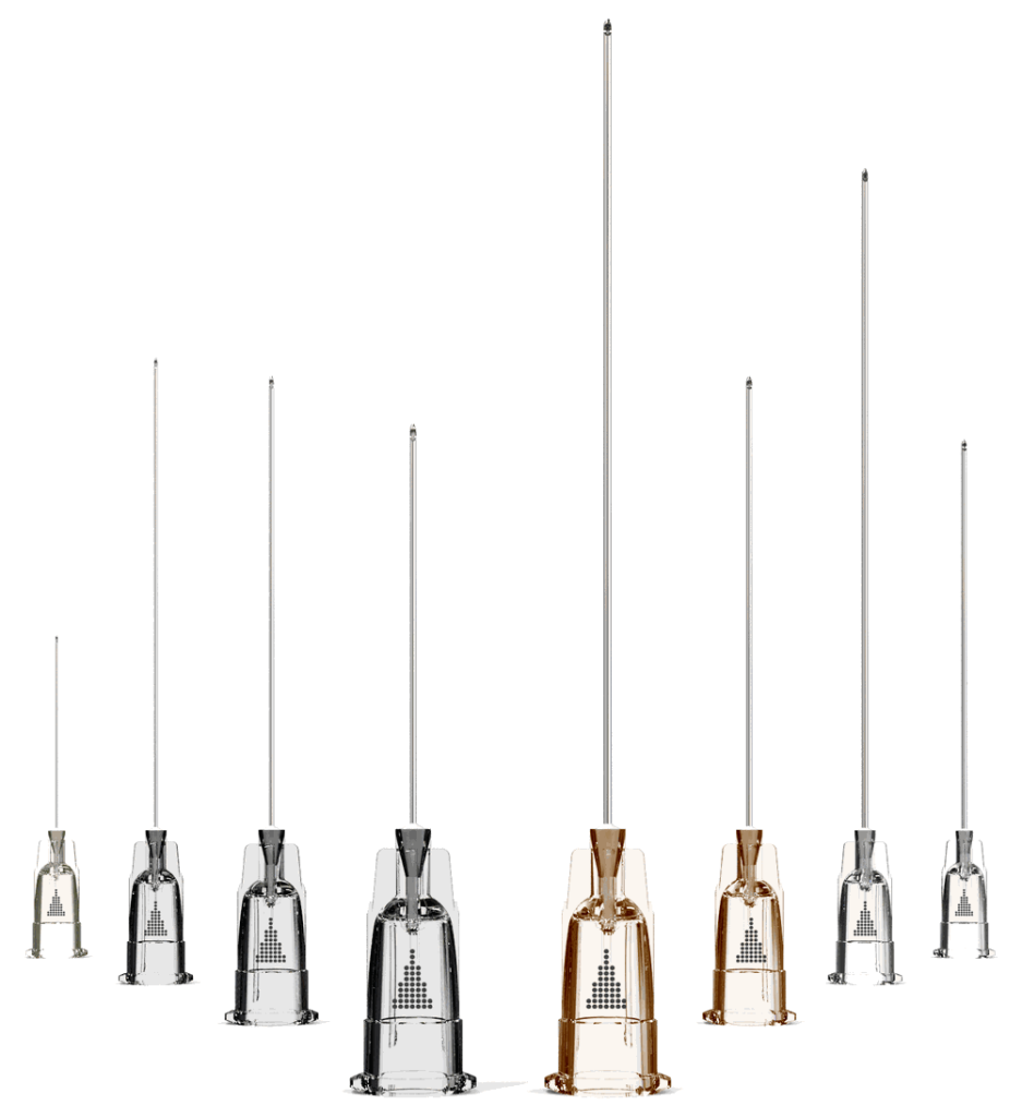 The TSK STERiGLIDE cannula range, eight gauges side by side