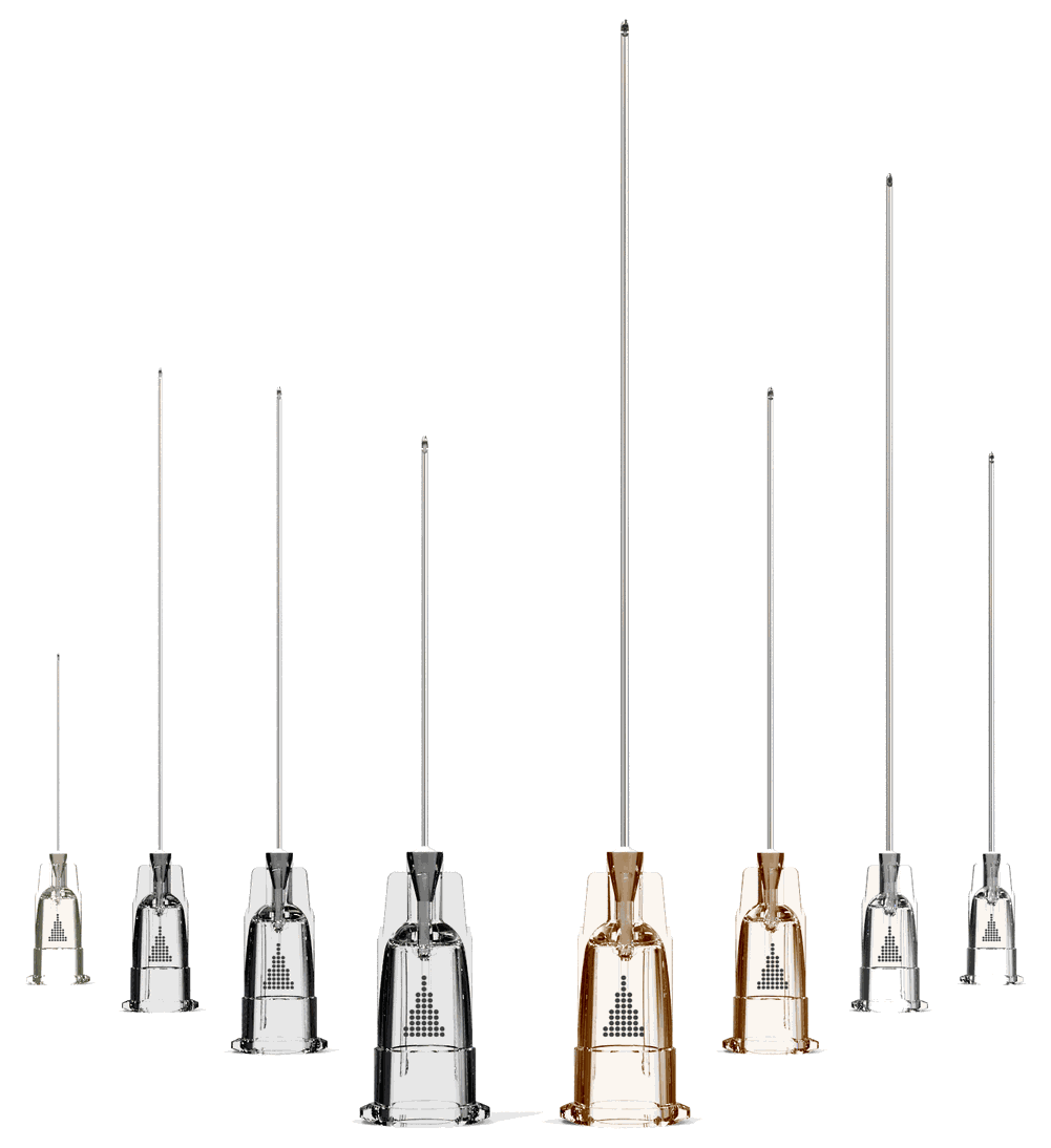The TSK STERiGLIDE cannula range, eight gauges side by side