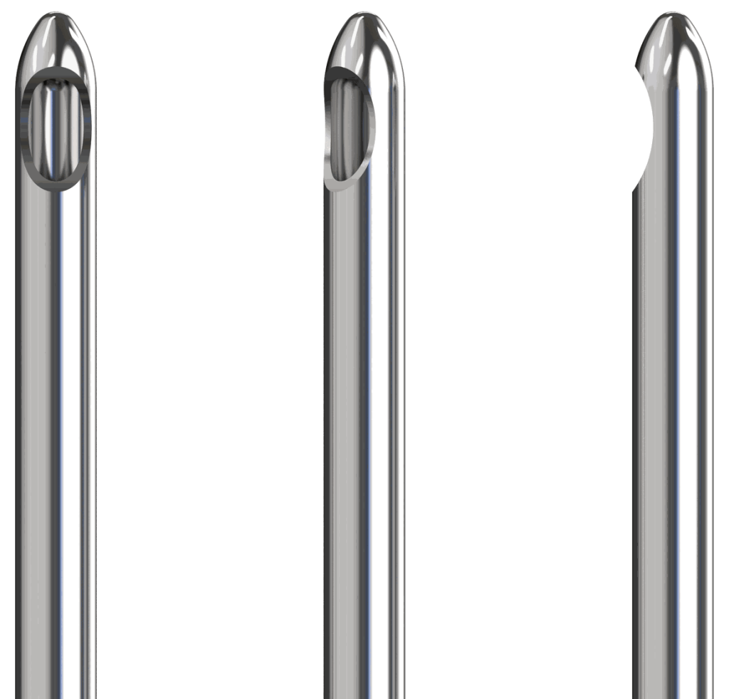 Macro view of three TSK STERiGLIDE cannula tips