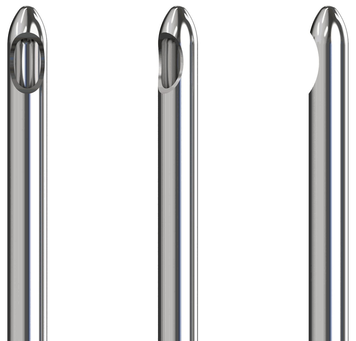 Macro view of three TSK STERiGLIDE cannula tips