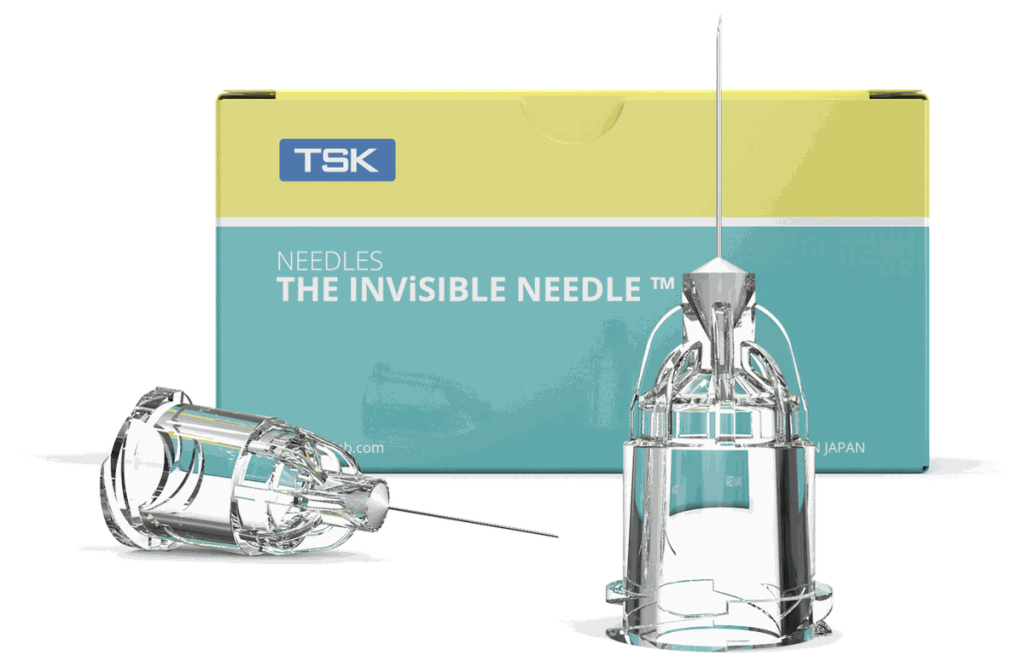 TSK The Invisible Needle carton with two needle hubs beside it