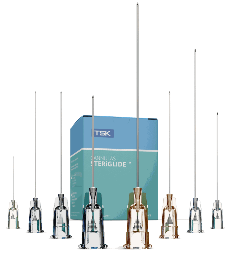 TSK STERiGLIDE cannula carton with the full gauge range fanned out beside it