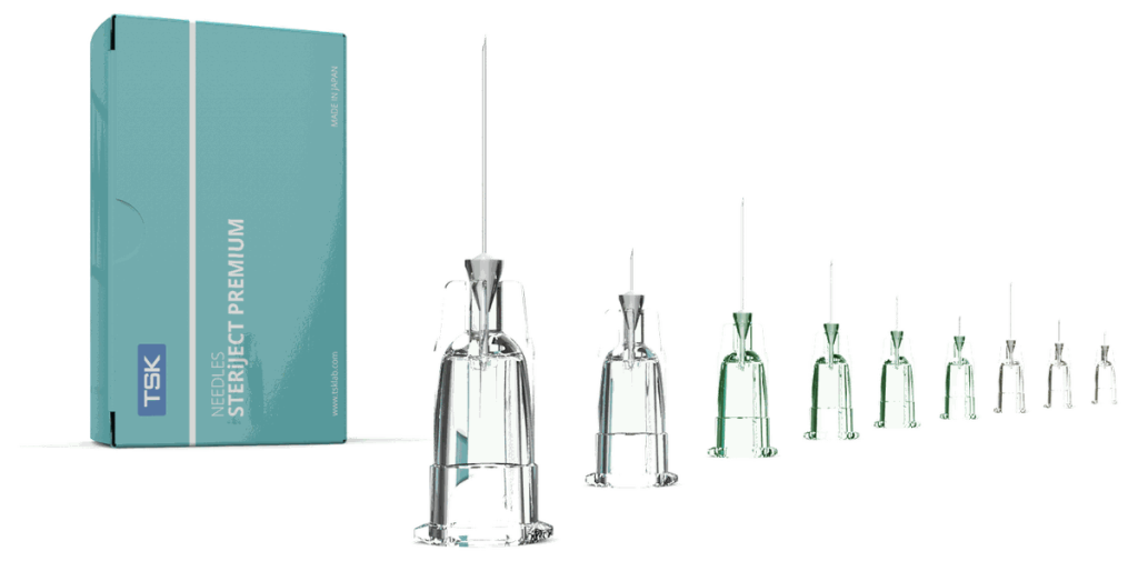 TSK STERiJECT Premium needle carton with the full gauge range beside it
