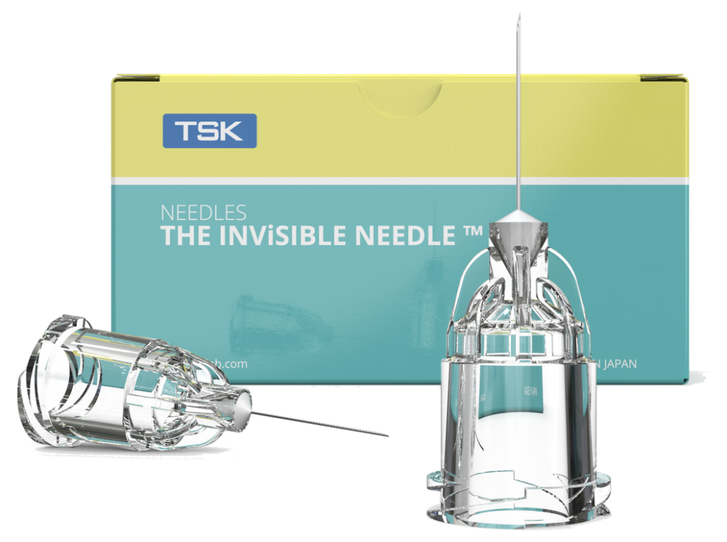 TSK The Invisible Needle carton with two needle hubs beside it