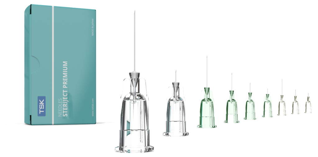 TSK STERiJECT Premium needle carton with the full gauge range beside it